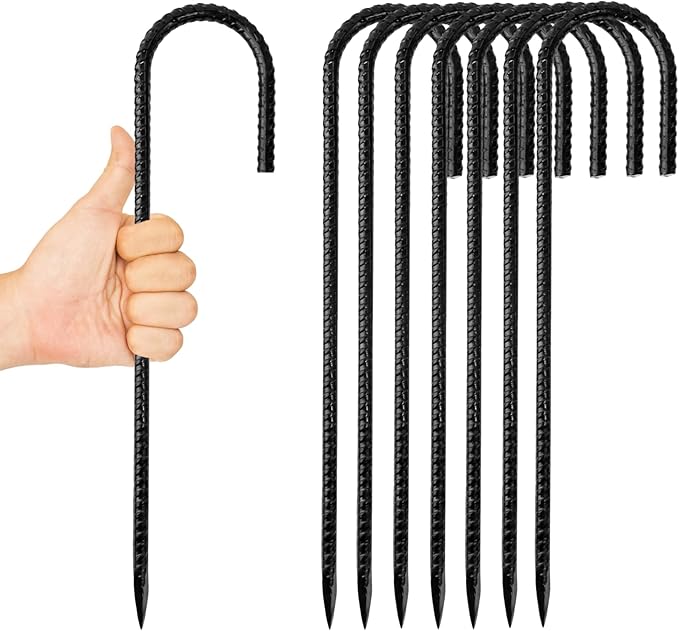 Anothera 8 Pack Steel Rebar Stakes, 12-Inch Heavy Duty J Hook Metal Fence Stake, Rustproof Ground Hooks Anchors for Tents, Plants, Fences and Trampolines