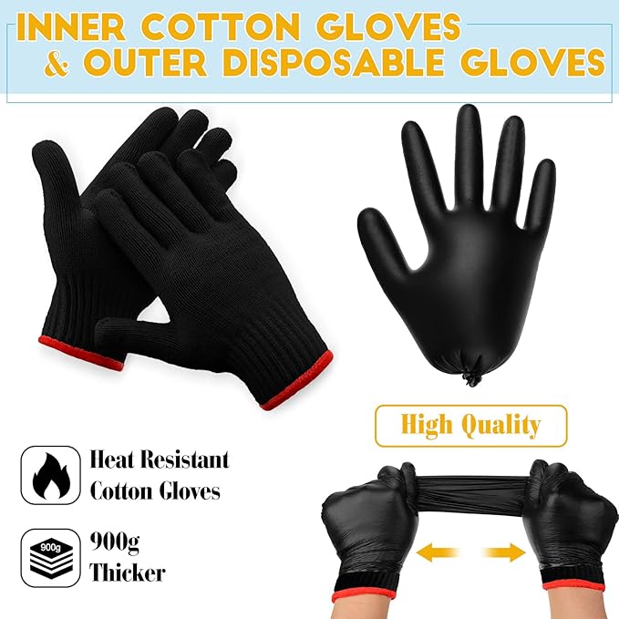 Janmercy 200 Pcs Disposable BBQ Nitrile Gloves with 4 Pairs Cotton Liners Grilling Cooking Cleaning Gloves for Smoker Meat(X-Large,Black)