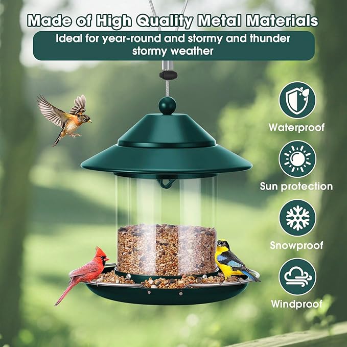 Metal Roof Bird Feeder, Hanging Bird Feeders for Outdoors with 2LB Clear Tube Seed Capacity for Viewing Cardinal Finch, 360° Feeding Small Wild BirdFeeders for Outside Garden Yard Decoration