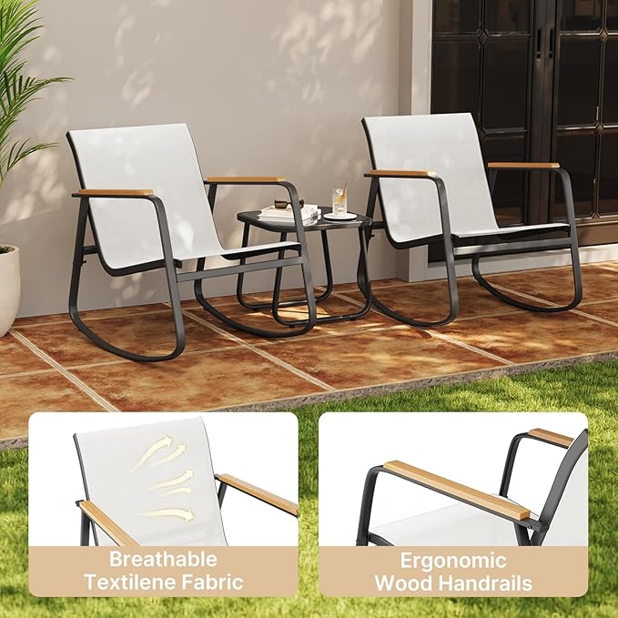 Aiho 3-Piece Patio Furniture Set, Outdoor Furniture with Textilene Fabric Rocker Chairs with Coffee Table, Patio Bistro Sets for Garden, Balcony, Poolside(White)
