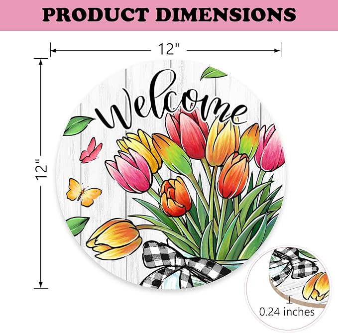 Welcome Spring Summer Tulip Flowers Front Door Sign, Floral Butterfly Mason Jar Wood Door Hanger Outdoor Outside Porch Decor, Seasonal Farmhouse Wooden Wreath Indoor Wall Hanging Decoration
