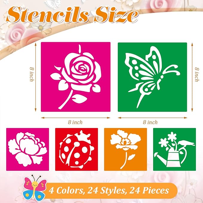 24 Pieces Spring Stencils for Kids 8 Inches Summer Drawing Chalk Stencils Large Washable Garden Flower Butterfly Themed Primary Shape Template for Kids Toddlers Preschooler