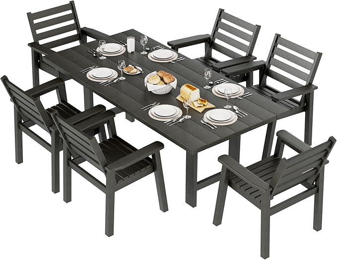 AMERLIFE 7-Piece HDPE Outdoor Dining Set with Umbrella Hole, 71" L Patio Table and Chairs Set for 6, Modern Garden Dining Set for Backyard, Poolside, Porch, Black