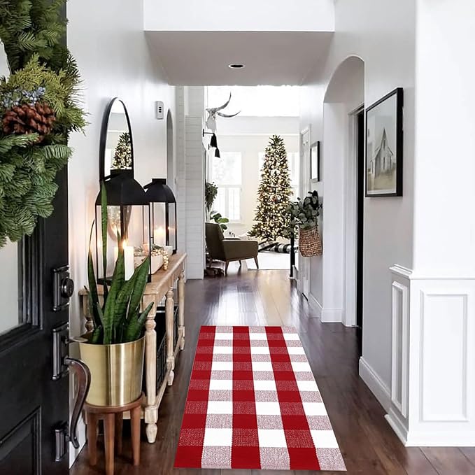 Christmas Door Mat Outdoor 24"x51"Buffalo Plaid Christmas Decor Rug Cotton Hand-Woven Layered Door Mats Washable Carpet for Front Porch, Kitchen, Farmhouse, Entryway,Bedroom