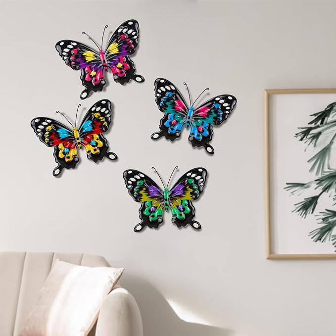 ULENDIS 4 Pack Metal Butterfly Wall Art Outdoor Decor, 9.8in Colorful Fence Wall Art Decor, Wall Sculpture Hanging Decoration for Garden Yard Living Room Bedroom Patio Balcony(D)