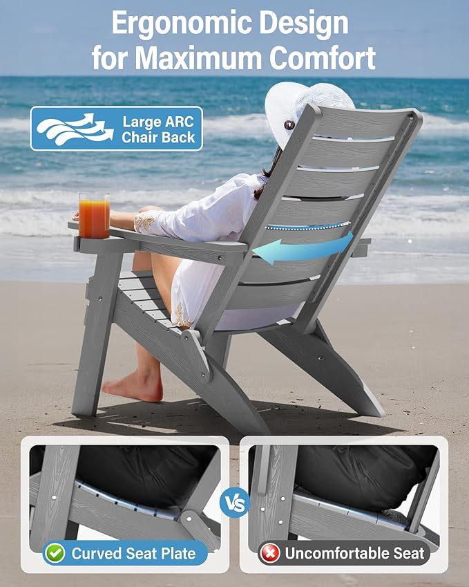 YEFU Adirondack Chair, Folding Adirondack Chairs Set of 2 with Arc Back & Cup Holder, Weather Resistant Plastic Oversized Chair for Outdoor Patio Lawn Garden Backyard Deck Fire Pit, Grey