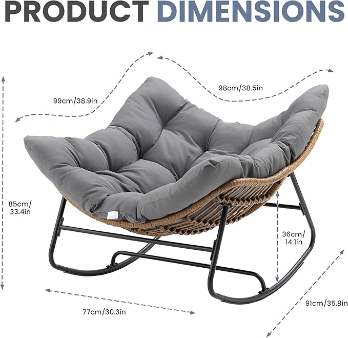COSIEST Oversized Papasan Rocking Chair with Extra Thick Cushion - 45 in Rattan Wicker Egg Chair for Indoor/Outdoor Use, Swivel Lounge Chair for Patio, Living Room, Bedroom, Grey