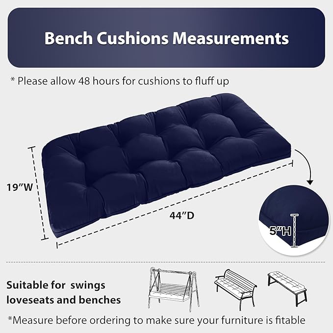 Tufted Bench Cushions for Outdoor Furniture, 44" x 19" Porch Swing Cushions Filled with Foam, Overstuffed Patio Cushions for Bench Loveseat with 2-3 Seats,Thick and Water Resistant, Navy