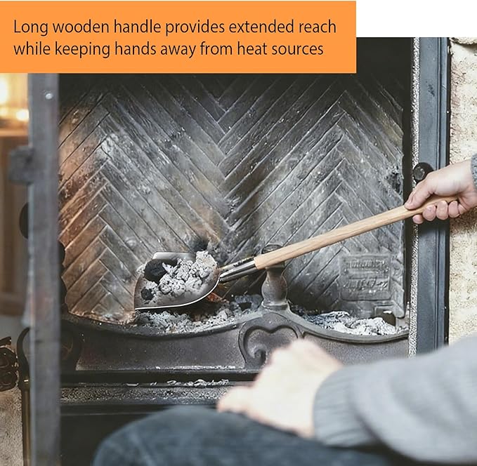 Long Handle Iron Fireplace Shovel, Wood Handle Ash Scoop for Garden, BBQ, Camping