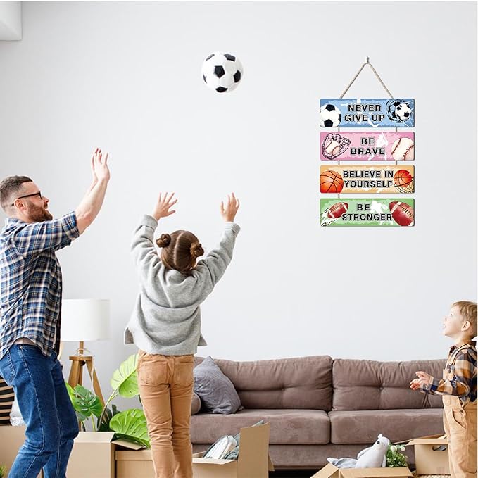 HLNIUC Sports Never Give Up Wooden Signs Set of 4(4”x12”)Boy Inspirational Quotes Wall Decors Football Basketball Baseball Hanging Plaque Motivational Sports Themed Wall Art Soccer Room Decor for Boys