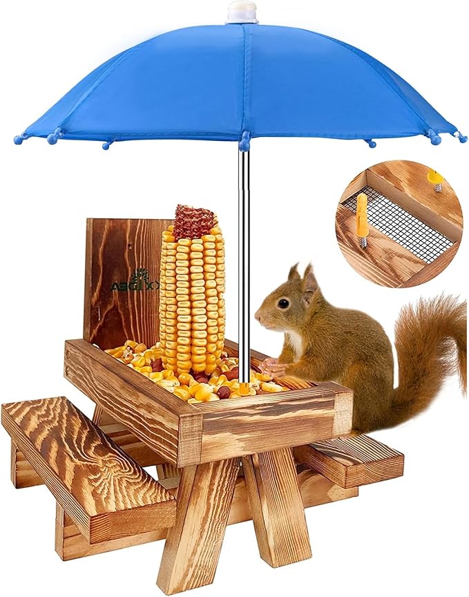 MIXXIDEA Squirrel Feeder Picnic Table with Tall Umbrella, Wooden Squirrel Feeders for Outside, Cute Chipmunk Feeder with Corn Cob Holder, Solid Structure, Thick Wood (Rustic Brown Red Umbrella)