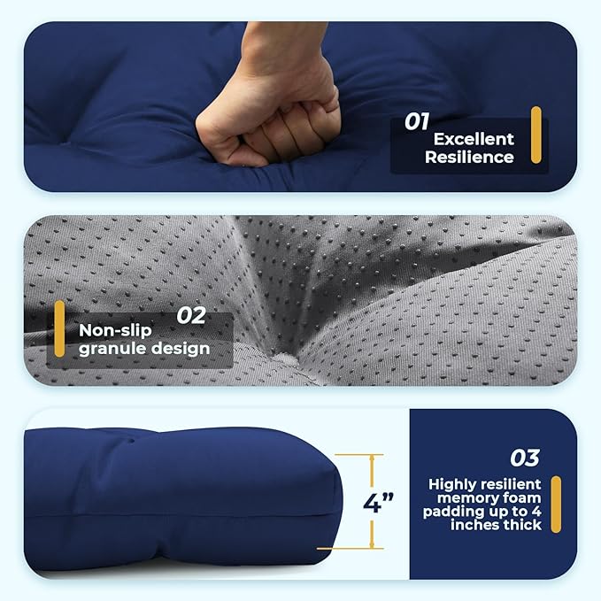All Weather Chaise Lounge Cushions Outdoor Lounge Chair Cushion, Replacement Chaise Lounger Chair Cushion Waterproof for Outdoor Patio Furniture with Non-Slip Back and Ties, Blue