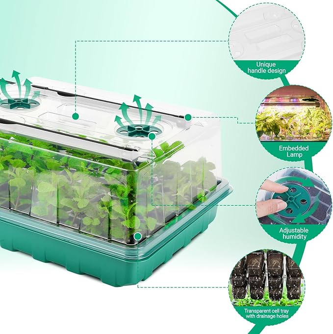 96 Cell Seed Starter Tray with Grow Light, Seed Starter Kit with Adjustable Humidity Dome, Seed Starting Trays Plant Starter Kit for Seeds Growing Starting, Indoor Gardening, Greenhouse