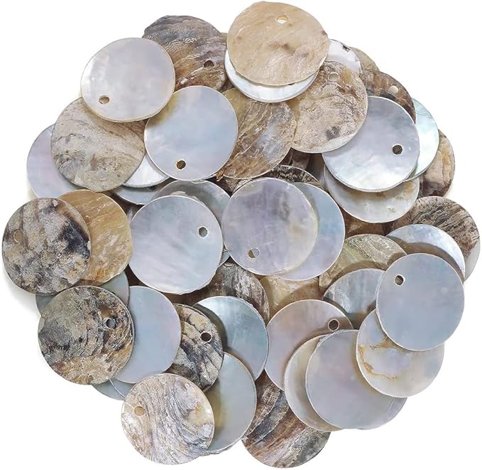Firstmeet Shell Beads 65pcs Natural 20mm Flat Round Mussel Shell Coin Drop Charm Beads with Iridescent Back for Handcraft Jewelry Making(DIY-1023-Nature-20)