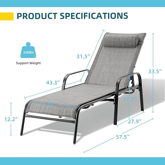 EROMMY Pool Chaise Lounge Chair Set of 2, Outdoor Lounge Chairs with Adjustable Backrest, Waterproof Upgraded Patio Lounge Chairs for Beach Yard Poolside