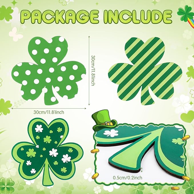 BreezeHug 3 Pcs St. Patrick's Day Door Sign, Shamrock Wooden Door Wreath for Front Doors Irish Shamrock Hanging Decoration Lucky Ornament Spring Wood Clover for Wall Home Outdoor Holiday Party Decor