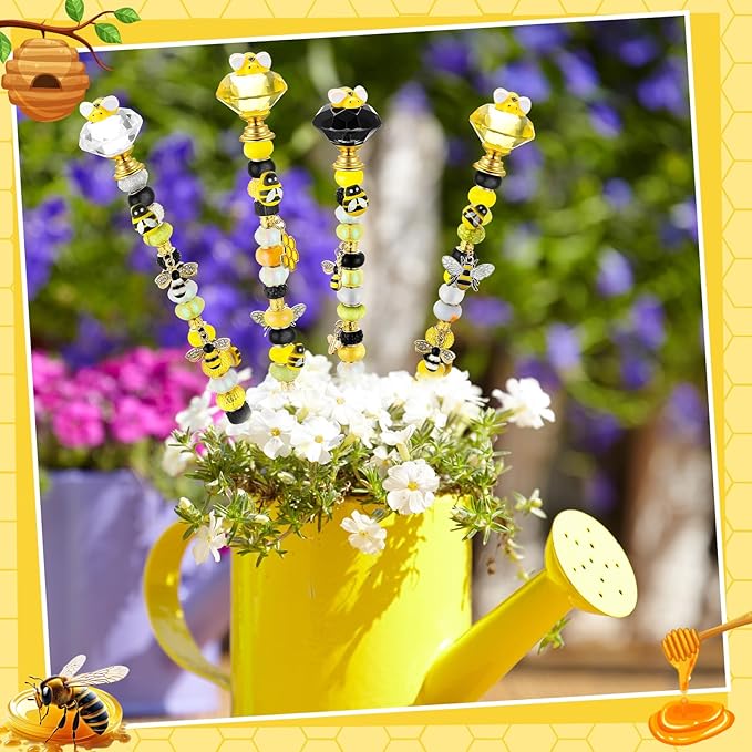 118 Pcs Bee Garden Stakes Fairy Wand DIY Beaded Stakes Garden Decor Includes 4 Crystal Stopper Top 10 Bee Pendant 68 Large Hole Beads 4 Threaded Rods 4 Pcs Nuts, for Craft Supply