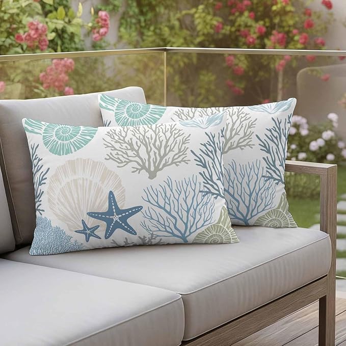 Blue Ocean Shells Coral Waterproof Pillow Covers Set of 2,Conch Starfish Marine Life Outdoor Pillow Protectors with Zipper Pillowcases for Patio Tent Garden Beach 20x12 Inches