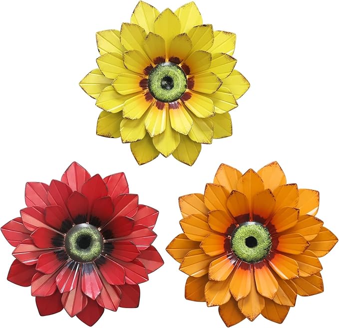 hogardeck Metal Flower Wall Decor - 3 Pcs Outdoor Wall Art Backyard Decorations Spring Decor Hanging for Kitchen, Living Room, Bathroom