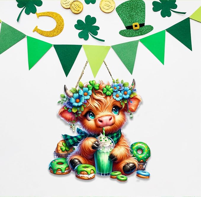 St Patricks Day Door Decorations, St Patricks Day Highland Cow Decorations, Shamrock Decoration, Wood Hanging Sign for Office Party Porch Yard Outdoor Indoor Home Decor Irish Decor