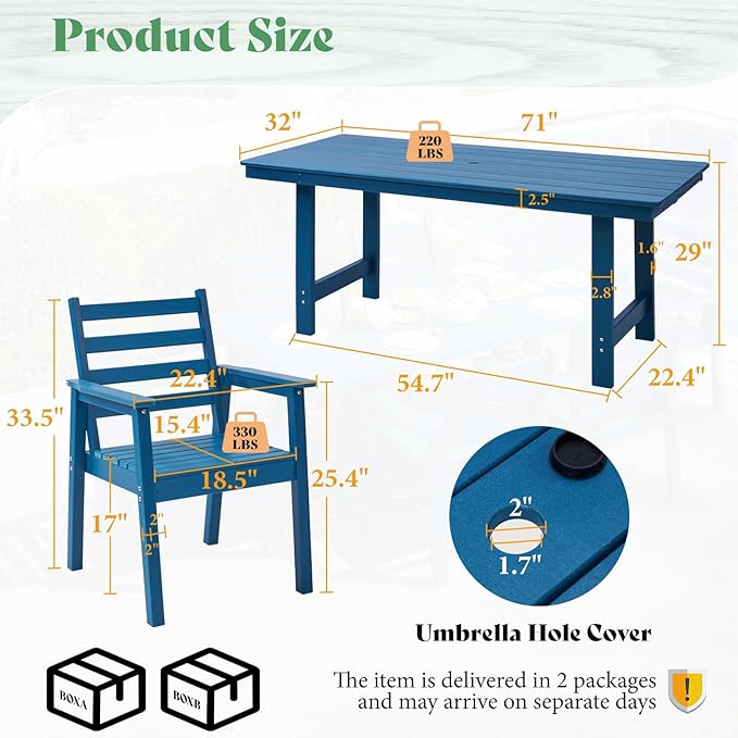 AMERLIFE 7-Piece HDPE Outdoor Dining Set with Umbrella Hole, 71" L Patio Table and Chairs Set for 6, Modern Garden Dining Set for Backyard, Poolside, Porch, Blue