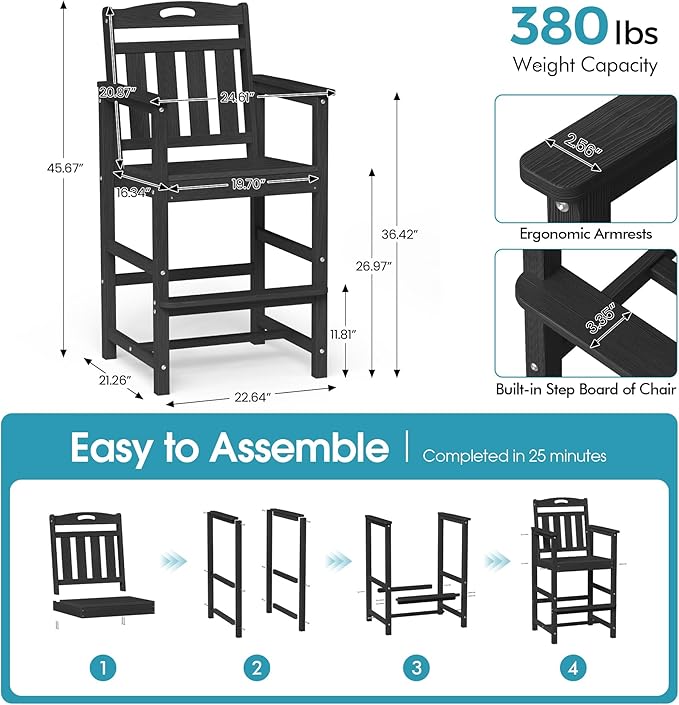 Ciokea Set of 2 Outdoor Tall Bar Chairs, 27" Bar Height Patio Stools with Arms & High Back, Heavy Duty All-Weather Adirondack Tall Chairs for Balcony, Poolside, Deck and Garden, Black