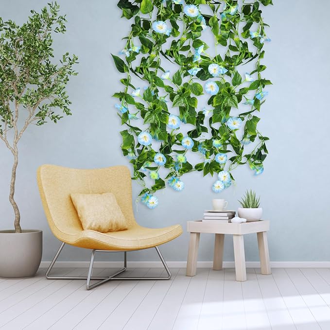 AirSun Artificial Morning Glory Flower Vines, 2pcs 15Feet Hanging Plants Silk Garland Fake Green Plant Home Garden Wall Fence Indoor Outdoor Wedding Birthday Decor