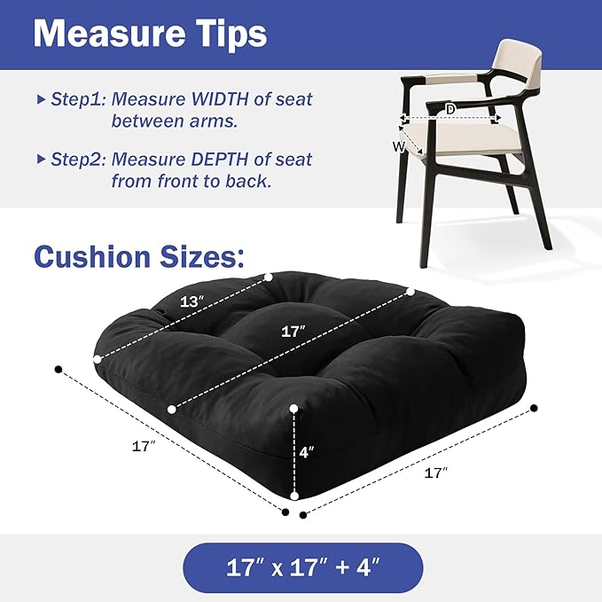 Outdoor Chair Cushions Set of 2, Patio Chair Cushions with Ties, 17x17+4” Tufted Outdoor Seat Cushions, Waterproof Patio Furniture Cushions, Outdoor Dining Chair Pads, Black