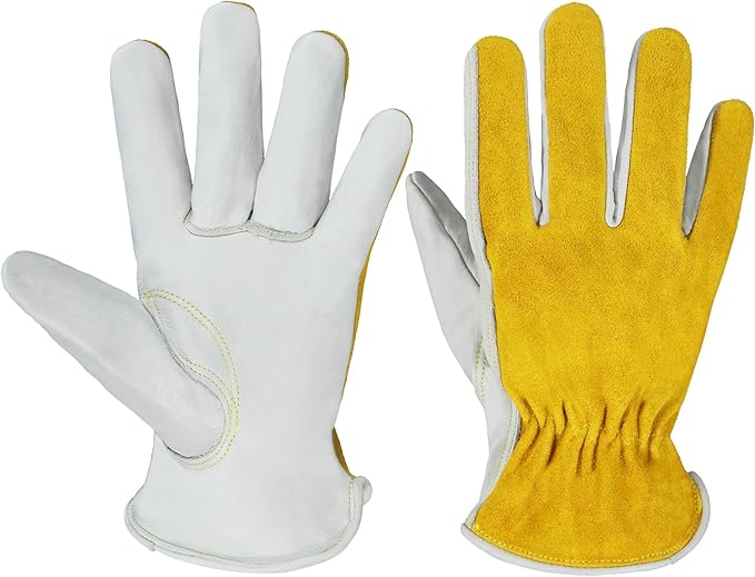 HANDLANDY Men Leather Gardening Gloves, Utility Work Gloves for Mechanics, Construction, Driver