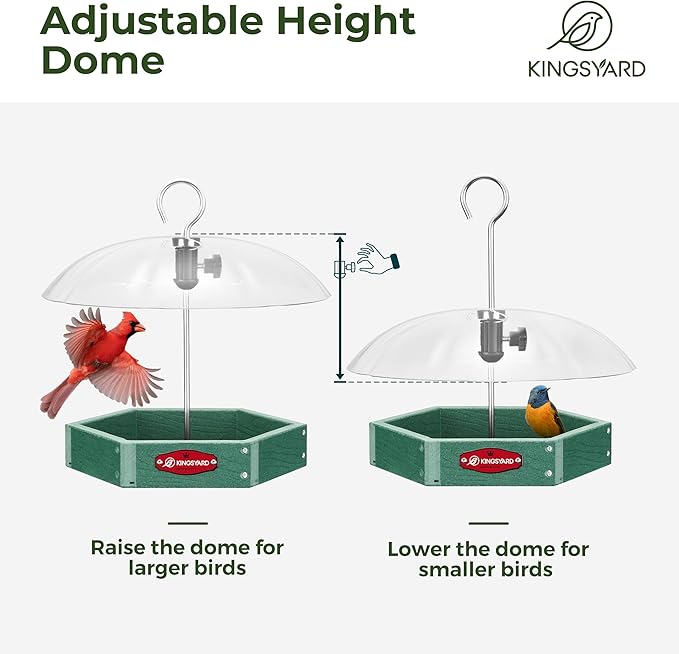 Kingsyard Large Platform Bird Feeder Outdoor Hanging, Adjustable Dome Squirrel Proof Rain Cover, Metal Mesh Tray Recycled Plastic Wild Bird Seed Feeding Station, Green