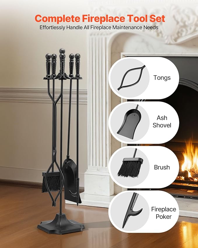 VEVOR Fireplace Tool Set, 5 PCS Fire Tool Set and Holder with Five-Prong Stand, Tongs, Ash Shovel, Brush, Fire Place Poker, Wrought Iron Fireplace Accessories for Campfire Indoor/Outdoor, Black