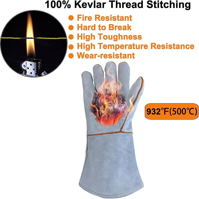 Welding Gloves 16 Inches, Heat Resistant 932℉ Leather Welding Gloves for MIG, TIG, Stick, Long Sleeve Grill Gloves for Welding, Fireplace, BBQ, Oven, Furnace, Wood Stove, Animal Handling