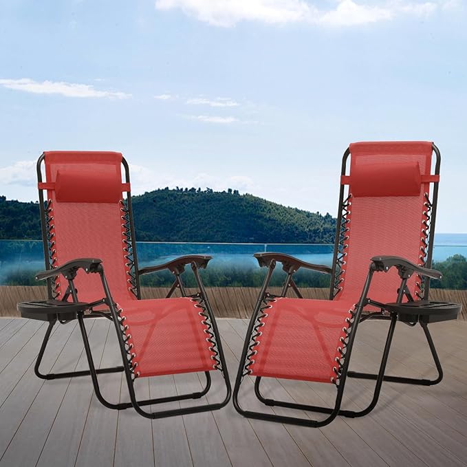 Athena Collection Zero Gravity Chair, Outdoor Lounge Chair with Adjustable Pillow and Cup Holder, Reclining Camping Chair for Outside Beach Lawn Garden Patio Poolside Set of 2- Maroon
