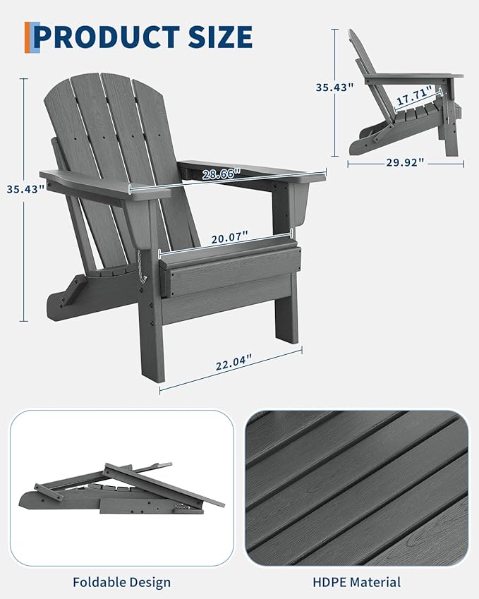 GarveeLife Folding Adirondack Chairs Set of 2, HDPE Plastic Outdoor Chairs with Wood Texture - 380 LBS & Weather Resistant for Fire Pit, Deck, Patio, Pool, Backyard - Gray