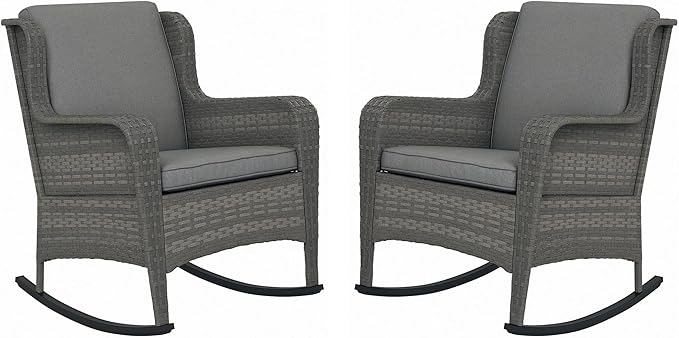 Outsunny Outdoor Wicker Rocking Chair Set of 2 with Wide Seat, Thick Cushions, Rattan Rockers with Steel Frame, High Weight Capacity for Patio, Garden, Backyard, Gray