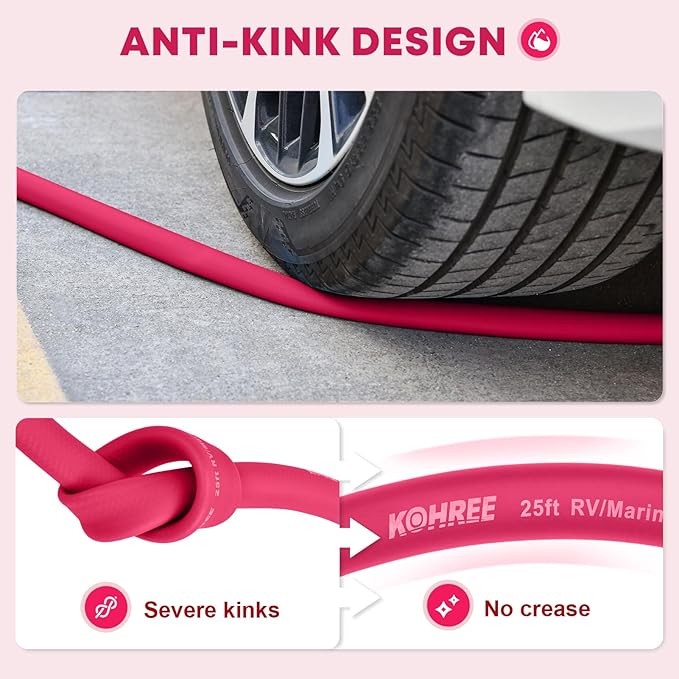 Kohree 25FT RV Water Hose, 5/8'' Premium Drinking Water Hose Leak Free, No Kink and Flexible Garden Hose with Storage Bag, Ideal for RV, Camper, Garden, Truck, Car - Pink