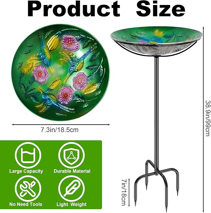 Metal Bird Bath for Outside, Vintage Freestanding Birdbaths & Birdfeeder, Bird Baths Feeder Bowl for Outdoors Garden Patio Yard Lawn Decor (Colorful Green)