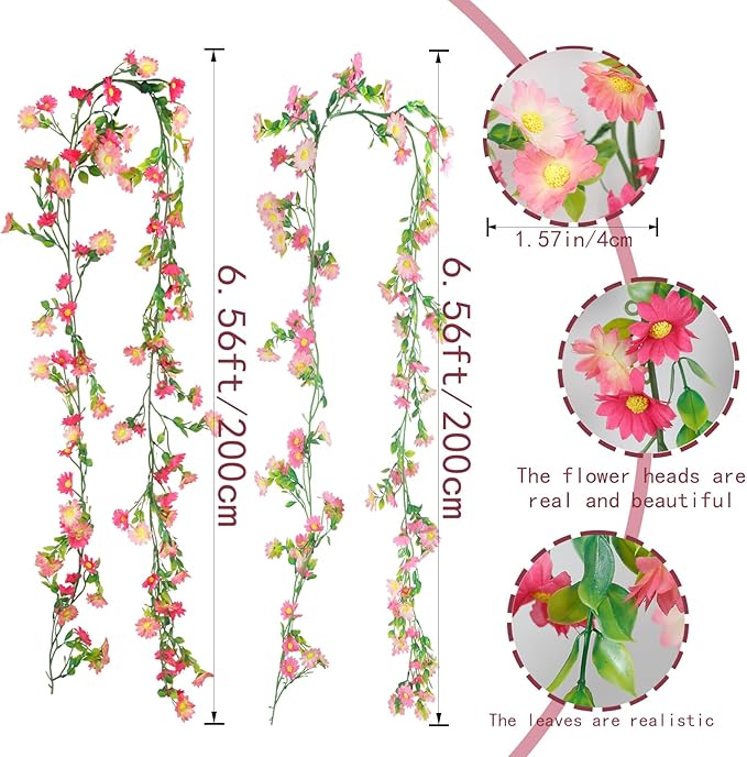 CISDUEO 4 Pcs Artificial Daisy Flowers Vine Silk Flower Garland Spring Fake Flower Vine Hanging Ivy with Pink Daisy Flowers Green Leaves for Wall Party Wedding Arch Floral Decor Home Indoor Outdoor
