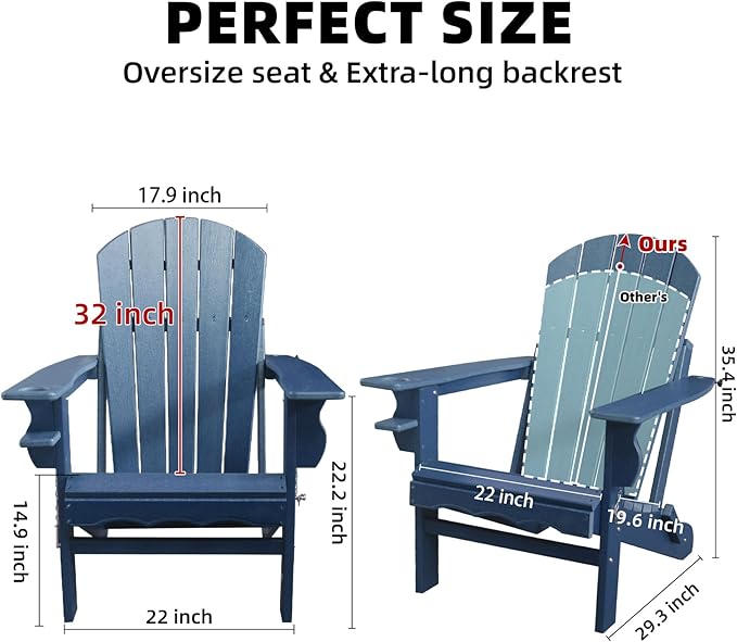 Folding Adirondack Chairs, HDPE Plastic Adirondack Chair with Cup Holder Weather Resistant, Wood Texture Outdoor Fire Pit Chairs for Patio Garden,Poolside and Deck, Umbrella Hole, Dark Blue