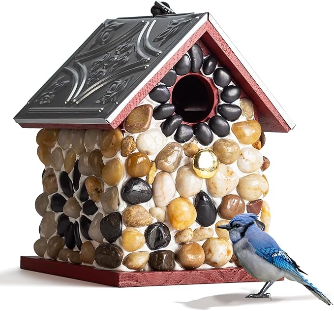 Premium River Pebble Bluebird House – Cedar Wood Outdoor Birdhouse with Embedded Metal Roof, Weather-Resistant Garden Nest Box for Wild Birds, Hanging & Pole Mountable (Red)