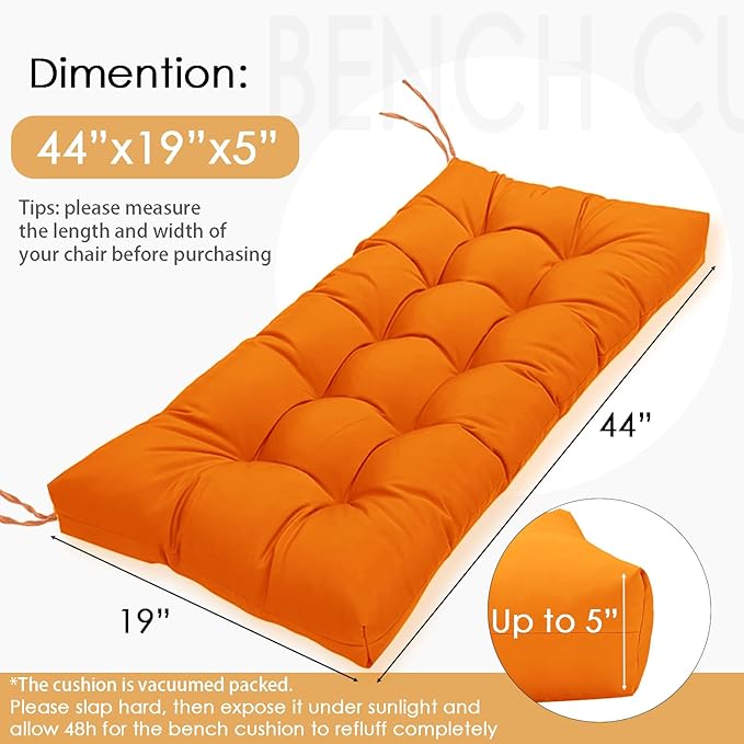 MTMR Outdoor Bench Cushion, Waterproof Wicker Chair Cushion, Thick Patio Replacement Seat Pad for Porch Lawn Indoor Swing Couch Sofa Loveseat, Patio Furniture Cushions, 44x19 Inch, Orange