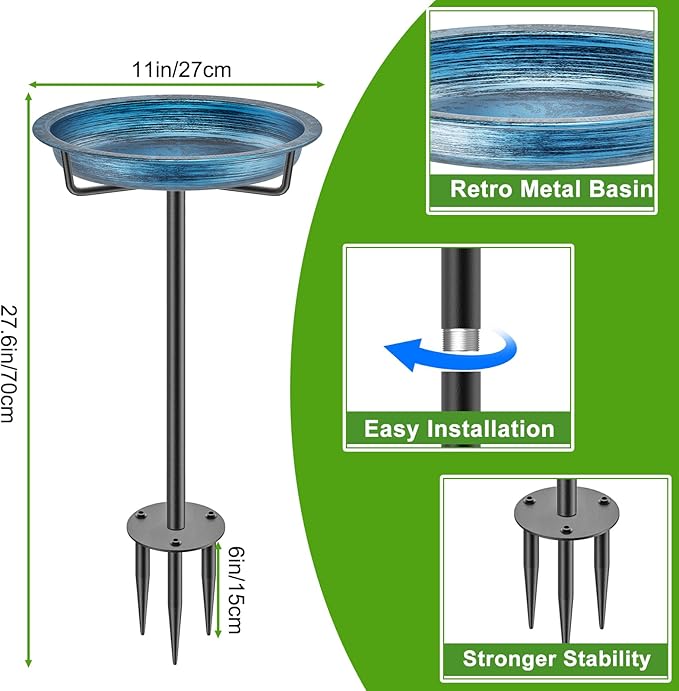 Metal Bird Baths for Outdoors, Detachable Birdbaths for The Garden Clearance, Heavy Duty Freestanding Bird Baths, Bird Bath Bowl Spa & Birdfeeder with Metal Stake Stand (Retro Blue)