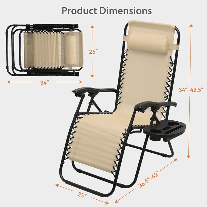 Zero Gravity Chairs, Portable Folding Reclining Lounge Chairs with Adjustable Pillow and Cup Holder Trays for Outdoor, Patio, Beach, Camping, Garden, Poolside, Beige