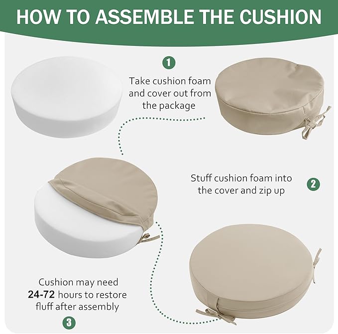 Outdoor Bistro Chair Cushions Set of 2, 15" D x 3" H Round Chair Cushions Waterproof and Fade Resistant Chair Cushion Pads with Non-Slip Ties and Removable Covers for Garden, Cream