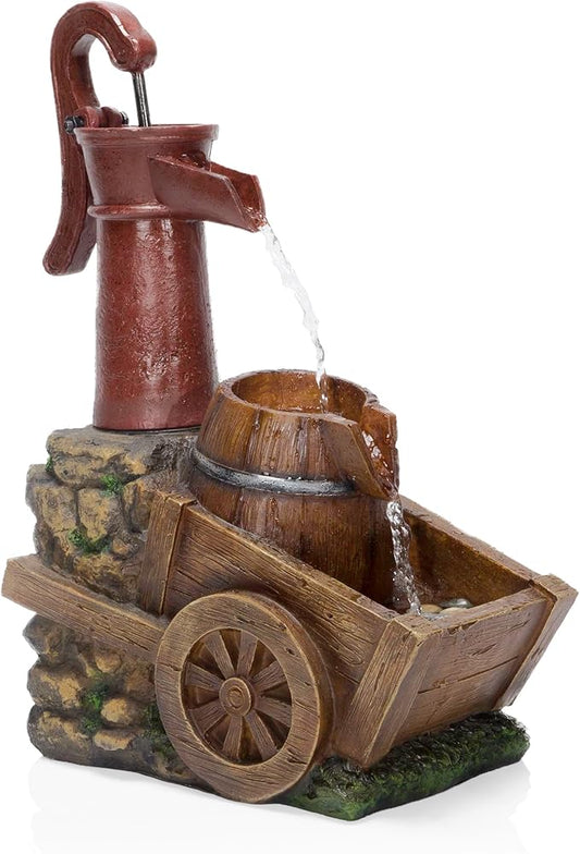 Alpine Corporation ZEN276S Outdoor Vintage Water Pump and Wheelbarrow Floor Fountain - Calming Water Flow, 23 Inch Tall, Brown