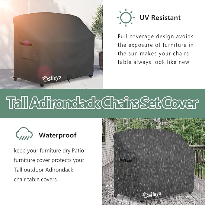 Tall Adirondack Chairs Set Cover for Poly Balcony Chair with Connecting Tray Patio Stools,100% Waterproof Heavy Duty Tall Outdoor Adirondack Chair Table Covers, Black
