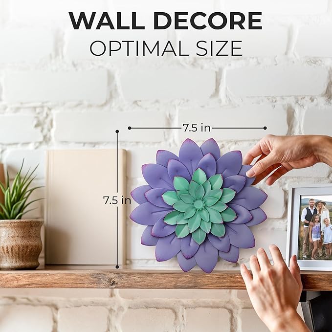 Everydecor Succulent Metal Flowers Wall Decor – Purple, Hand Painted, 3D Flower Art Decoration for Living Room, Bedroom, Kitchen, Bathroom - Floral Decor for Indoor & Outdoor Use