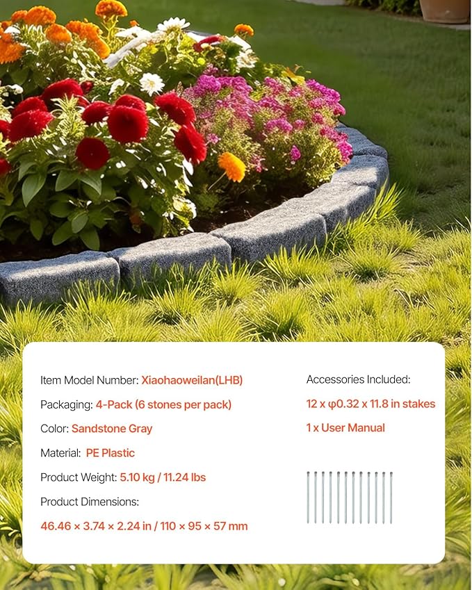 VEVOR Faux Stone Landscape Edging, No Dig Garden Edging Border, Flexible Blocks for Lawn Edging, Flower Beds, Driveway, Yards with 12 Spikes, 4 Pack 24 Bricks 16FT Kit, 46.5" Lx 3.7" W x 2.2" H, Grey
