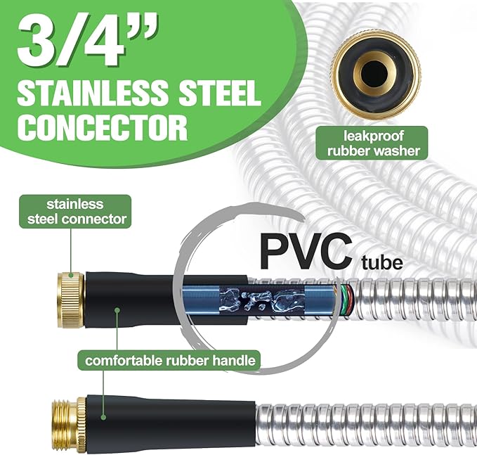 Metal Garden Hose 25ft Stainless Steel Metal water Hose Super Tough & Flexible Water pipe Lightweight, Crush Resistant Aluminum Fittings, Kink & Tangle Free, Rust Proof