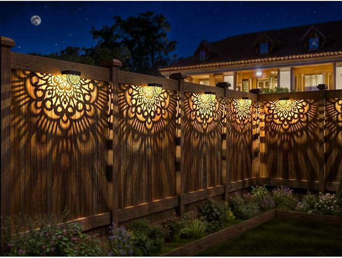 6 Pack Solar Fence Lights Outdoor Wall Lights Plastic Solar Powered Deck Step Stair Lights Moon Theme Waterproof Fence Solar Light for Garden Post Patio Backyard Yard Decor (Black, 6 Pack)
